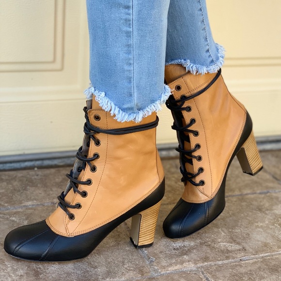 Leather High Heel Lace Up Tall Granny Duck Boots - Picture 8 of 8
